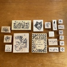 PSX Large Collection 18 Unused Wooden Stamps Seeds Angel Husky Feathers Flowers 
