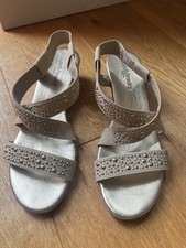 Russell & Bromley Wedge Ladies Sandal, Platinum Fabric Size 40