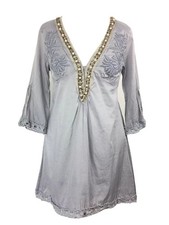 Divina Tunic Top 8UK Cotton Dove Grey Pearl Embellished Lagenlook Summer Holiday