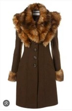 Women's Top Shop 1940s Vintage Style Brown Faux Fur Collar Coat