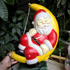 Vintage Santa on Moon Blow Mold Light Up Christmas Decoration 1990s Father Xmas