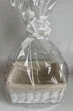 White Wicker Basket & Cream Gingham Liner Baby Gift hamper inc Cello & Bow 30cm