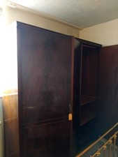 Retro Double Wardrobe With Mirror, Shelves. Lockable. Mahogany Coloured Wood