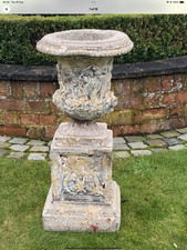Antique Stone Garden Urn and Matching Pedestal Decorative Detail Design
