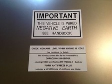 FORD Escort Mk1 Coolant + Negative Earth under bonnet engine bay sticker decals