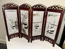 Vintage Mini Ornamental, Oriental Screen Room Divider Silk Pandas Glass Frames