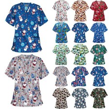 Christmas Unisex Nursing Uniform Scrub Short Sleeve T-Shirt Xmas Blouse Tee Tops