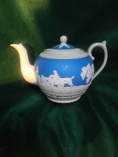 Blue Sprigware Jasperware TEAPOT * Copeland Late Spode * Antique c1890  A/F