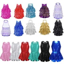 Kids Girls Shiny Sequins Ballet Dance Dress Modern Jazz Latin Dancewear Costume