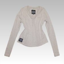 Superdry Long Sleeve Henley Top Womens Medium Grey Y2K T-shirt Preppy Layered