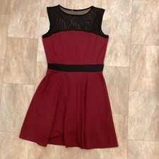 New Look Red Black Sleeveless Skater Dress Mesh Neckline Knee Length Size 14