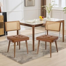 Rattan Back Dining Chair Set of 2 Upholstered Kitchen Chairs w/ Strong Wood Legs