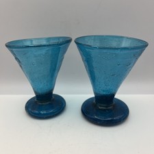 Pair of Handmade Conical Glasses-Clutha Style-Turquoise Blue-8.5 cm High