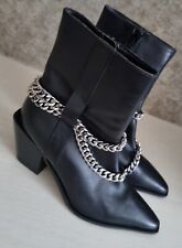 Schuh Black Leather Chain Zip Up Cowboy Style Ankle Boots Boots Uk  39   NWOT