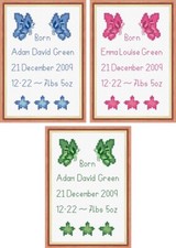 Baby Birth Sampler - Butterflies & Stars - Boy / Girl Cross Stitch Kit 4x6 14 Ct