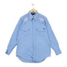 Vintage Sears Western Wear Shirt Mens Size L Blue Embroidered 80s Pearl Snap