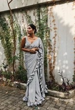 Single Print Ruffle Russian Silk Saree