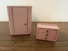 Vintage Dolls House Bedroom Furniture, Doltoi Pink Wooden Wardrobe And Chest