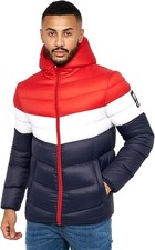 Mens Crosshatch Hooded Chevron Puffer Jacket Warm Red Navy Winter Coat Size S