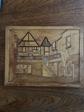 VTG or Antique Marquetry Wood Veneer Inlaid Tudor Homes Cityscape, Wall Hanging