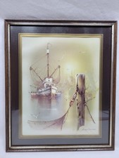 Vintage Andres Orpinas Framed Art Print Fishing Boat Harbour 32x26.5cm Rare Prop