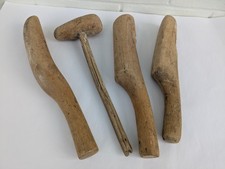 Vintage wooden lead bossing sticks, dressers, and lead mallet, roofing tools