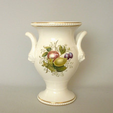 Spode Urn Vase. Hand Painted Fruit Signed M. Edge. Lion handles. 1810. 16cm tall
