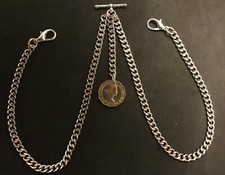 Double Albert Pocket watch chain and ER II  Threepenny Bit  fob,silver colour