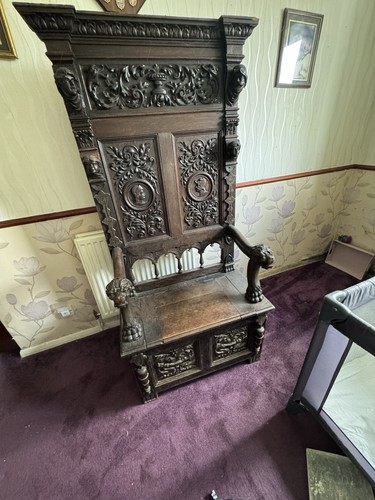 Vintage carved oak box settle - vintage,