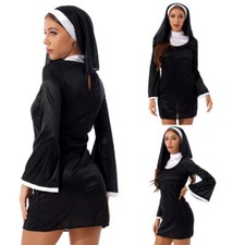 UK Women Nun Cosplay Halloween Party Costume Outfit Bodycon Dress with Headscarf