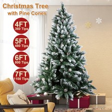 4Ft/5Ft/6Ft/7Ft Christmas Tree Snow Frosted Tips with Pine Cone Stand Xmas Decor