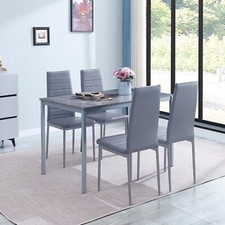 4pcs Grey Faux Leather Dining Chairs & Grey Marble MDF Top Dining Table Set
