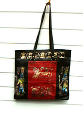 NEW LAVISHLY DECORATED RED & BLACK EGYPTIAN LEATHER TWIN HANDLE BAG