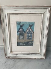 Beach Hut Fabric Vintage Picture Framed 11.5 X 13.5 Inches