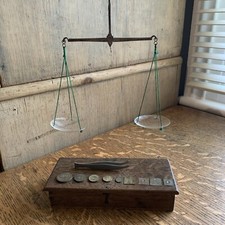 Antique Apothecary Weighing Scale, With Weights Tweezers And Wooden Box (08D) 