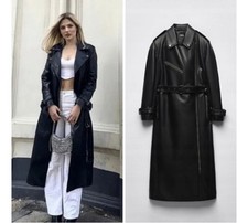 Zara New faux leather trench coat with belt, asymmetric zip size XS