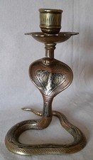Vintage Brass Snake Cobra Candle Holder - Etched Enamel- 15cm H 
