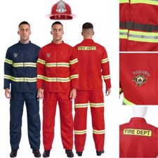 UK Men Firefighter Costume Reflective Strips Jacket Pants Helmet Fireman Outfits