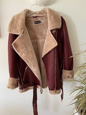 Bnwot Burgundy Aviator / Biker jacket - faux fur - Belted Hem &  Zipper size 16