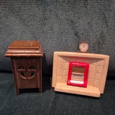 Vintage 1960s  plaster dolls house fire place, Wooden Clock & Radio Wireless 