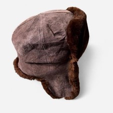 Vintage 70s Sheepskin shearling brown trapper trooper Ushanka hat Russian 