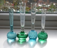 MCM 4 x Vintage Bubble Glass Stem Bud Vases  Blue, Green 1960s