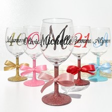 Personalised Name Monogram Glitter Glass Wine Gift 18th 21st 30th 40th 50th Hen