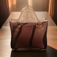 Murano Style Purple Art Glass Purse Bag Basket Vase Ornament Hand Blown