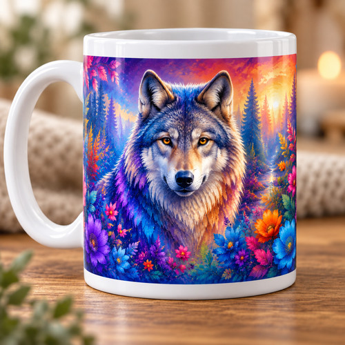 Wolf mug colourful floral - wolf,