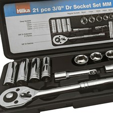 Hilka 3/8in Metric Socket Set Inc Ratchet Wrench Ext Bars Deep & Shallow Sockets