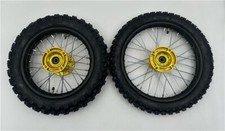 Pit Bike Black Wheels & Tyres. 14" Front & 12" Rear 15mm Axle Gold Cnc Style Hub