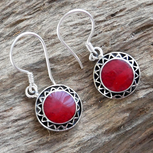 Round red coral - earrings, 925