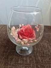 Giant Vintage Wine Glass Centerpiece With Fabric And Plastic Rose Floral Design