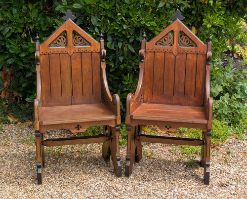 Pair gothic oak armchairs - pair,